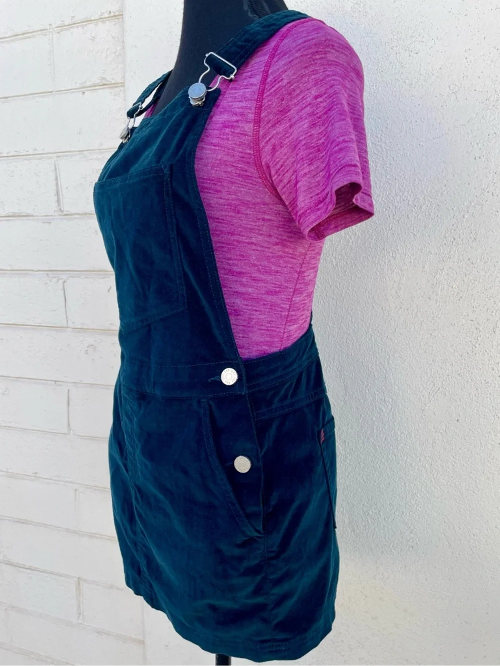 90s BDG Velvet Pinafore Overall Mini Dress Teal Blue XS EUC - Picture 3 of 14